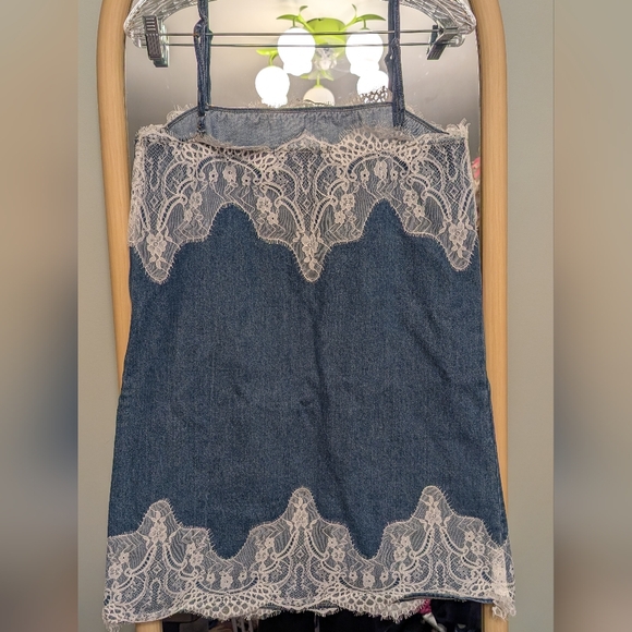 Denim Mini Dress with Lace Trim - Picture 2 of 9